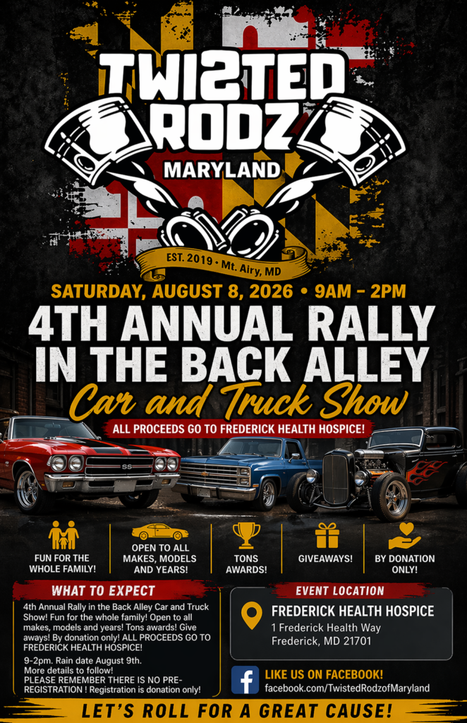 Twisted Rodz Maryland 4th Annual Rally event flier — Saturday August 8, 2026, 9 AM to 2 PM, Frederick Health Hospice