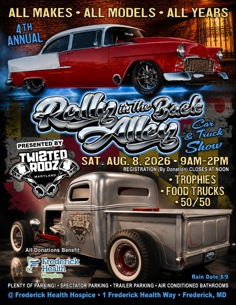 Image of a poster advertising for the Rally in The Back Alley car and truck show event from August 9th, 2025